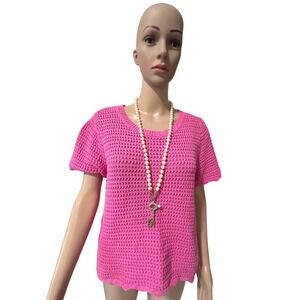 Gap Womens Pink Crochet Knit Short Sleeve Cotton Sweater Top Medium